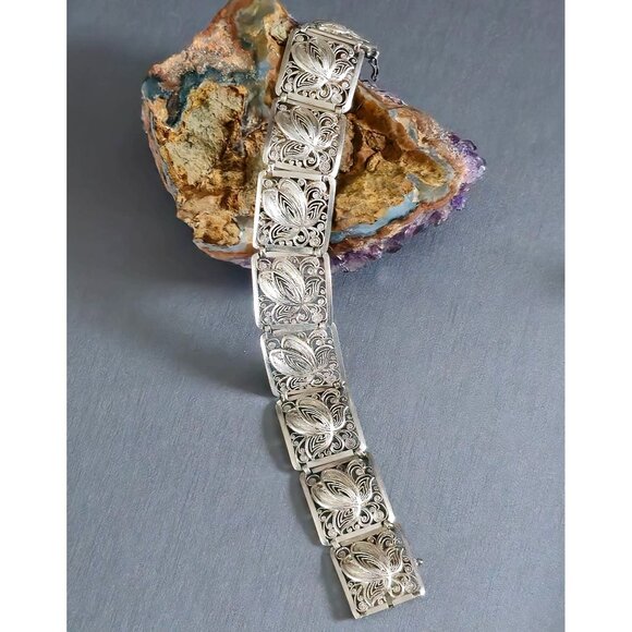Antique Art Deco 850 Silver Filigree Floral Panel Link Bracelet 7.5" Box Clasp - Picture 1 of 15